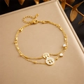 Gold double-layer anklet with tree of life pendants and sparkling zircon stones - Tree of Life Style (B1269)