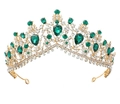 Close-up of golden bridal crown featuring teardrop green gemstones and sparkling crystals - Gold Base-Green