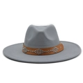 Close-up of grey wool fedora hat with brown leather band and silver rivet detailing - M (56-58cm) / Light Gray