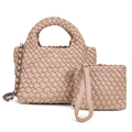 Light khaki woven leather bucket bag and pouch set with chain strap and wristlet - Khaki