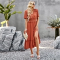Short sleeve V-neck midi dress in caramel brown featuring a high slit and waist tie - S / Orange