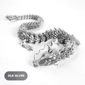 Macro detail of silk silver 3D printed dragon showing flexible joints and metallic scales - 30CM Silk Silver