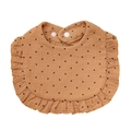 Brown cotton gauze baby bib with black polka dots and ruffle trim detail - Brown Polka Dot