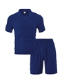 Detail of dark blue men's leisure set showing vertical ribbed jacquard texture and fabric - Navy Blue