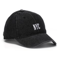 Detail of NYC embroidery on washed black denim baseball cap with premium stitching - Black