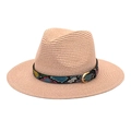 Close-up of light brown straw fedora with colorful snakeskin band and gold buckle detail - M (56-58cm) / Light Pink