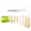 Five-pair earring set featuring green resin hoops, gold metal bands and faux pearl circles - 5 Pairs Set - Gold Pearl Grass Green (1191)