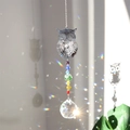 Silver metal owl suncatcher with colorful crystal beads and a clear faceted prism ball - Multi-layer Owl