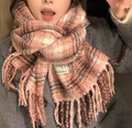 Pink checkered warm scarf with fringe tassels for women in soft autumn cashmere style - Pink