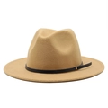 Classic camel wool fedora hat with wide flat brim and black leather band decoration - One Size 58cm Circumference / Beige