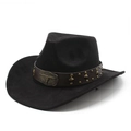 Faux suede western cowboy hat with studded leather band and vintage bull skull emblem - M (56-59cm) / Black