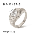 Macro shot of silver stainless steel ring with 11mm heart-shaped zircon and ribbed texture - US 6 / Silver Style (HF-J1497-S)