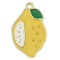 Yellow enamel lemon charm pendant with green leaf for DIY jewelry making and bracelets - Lemon 26x16mm