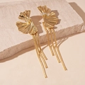 Detailed view of golden flower earrings with flowing metal tassels and zircon accents - Gold