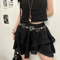 Bohemian silver metal waist chain with hollow flower and rose links on black lace dress - Hollow Flower Rose Style (K0273A)