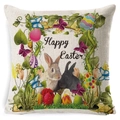 Happy Easter linen pillowcase featuring colorful bunnies, eggs, and flowers design - Zl2002064-10 / 45*45cm Cover Only