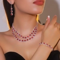 Bridal jewelry set with red gemstones and crystals in silver finish with double necklace - Necklace + Earrings + Bracelet / Red Gem 3-Piece Set(DTN14026404-3R)