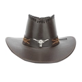 Dunkelbrauner Cowboyhut mit silbernem Bullenkopf-Emblem und Ziernähten im Western-Stil - Stil 3 / Dunkelbraun