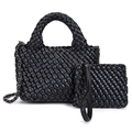 Handgewebte schwarze Eimertasche im Set mit passendem Beutel und Metallkette - Schwarz