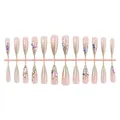 Long almond press-on nails with nude pink base, gold glitter tips and rhinestones - Nude Pink Gold Gradient Rhinestone Strip Pack (B1-14209)