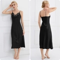 Elegant black satin slip nightdress with V-neck lace trim and slim fit design - S / Black