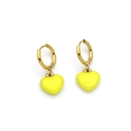 Macro shot of gold hoop earrings with vibrant yellow 3D heart-shaped charms - Yellow