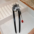 Chinese butterfly flower hair pin in black U-shape with red bead and petal detail - 120# Hairpin - Black