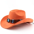 Detail of orange suede cowboy hat featuring turquoise stone and beaded ethnic hatband - M(56-58cm) / Orange