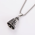 Detailed view of stainless steel skull bell pendant with gothic crown motif and chain - Steel Color (With 3.5mm*60cm Chain)