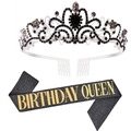 Birthday decoration set with black glitter sash and silver crown with black rhinestones - One Size / Black Rhinestone Crown + Black Sash with Gold Queen Text