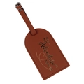 Detail of brown leather luggage tag with gold lettering and adjustable metal buckle - Brown