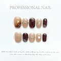 Handmade press-on nail set with amber marble design, gold foil, and 3D metallic lines - Extra Small (XS)