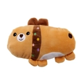 Detail shot of the plush dinosaur dog toy showing orange short fur and colorful polka dots - Brown Bear Pillow
