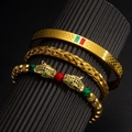 Golden bracelet set with leopard head charms and red and green natural stone beads - Leopard Bracelet Three-piece Set In Gold
