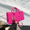 Rose red geometric quilted PU leather tote bag with wide strap and top handles - Rose Red