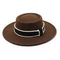 Close-up of brown wool felt hat with black ribbon and white beaded edge detail - Brown