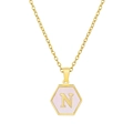 Hexagon gold necklace with pink inlay and letter N pendant on O-chain - Pink Shell N