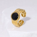 Retro 18K vergoldeter Titanring mit schwarzem Emaille-Inlay auf weißem Steinuntergrund - Verstellbar / Schwarz