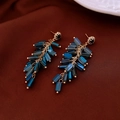 Detailed macro shot of vintage blue crystal tassel earrings with gold metal chain - 19# Silver Earring Post - Gold - Blue - Long Square Zircon Tassel