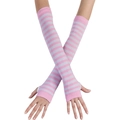Pink and white striped knit fingerless arm warmers with thumb holes for cosplay - Fingerless Gloves with Thumb Hole / Pink White Stripes