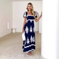 Navy blue bohemian embroidered long dress with puff sleeves and square neckline - S / Navy Blue