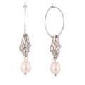 18K gold plated stainless steel hoop earrings with shell charm and drop pearl - Freshwater Pearl Conch Shell Hoop Earrings - Silver