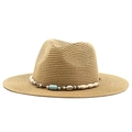 Detail of bohemian straw hat band featuring wooden beads, shells, and turquoise accents - M (56-58cm) / Khaki