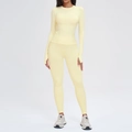Ensemble de yoga sans couture jaune pâle avec haut à manches longues et leggings taille haute - S / Haut Et Bas / Manches Longues + Leggings / Jaune Clair de Lune