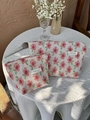 Pink and green floral knit makeup bag set with zipper and brand label on white cloth - Standard / Pink Flower
