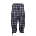 Women's plaid cargo pants in blue and brown with waist button and drawstring hem - XS / Pants