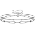 Close-up of double-layer stainless steel link chain bracelet with seed beads and rhinestones - Silver