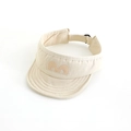 Detail of beige visor hat showing the embroidered M logo and adjustable strap - 52cm / Beige