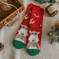 Plush Christmas coral fleece socks with reindeer pattern in festive red and green - One Size / Red Bottom Khaki Reindeer