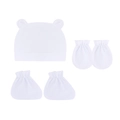 White cotton baby set including a bear ear hat and matching soft mittens for newborns - White